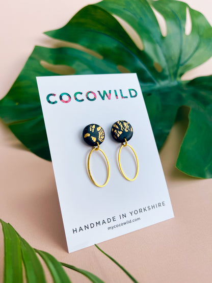 CHRISTINA - Black & Gold Leaf Oval Drop Earrings